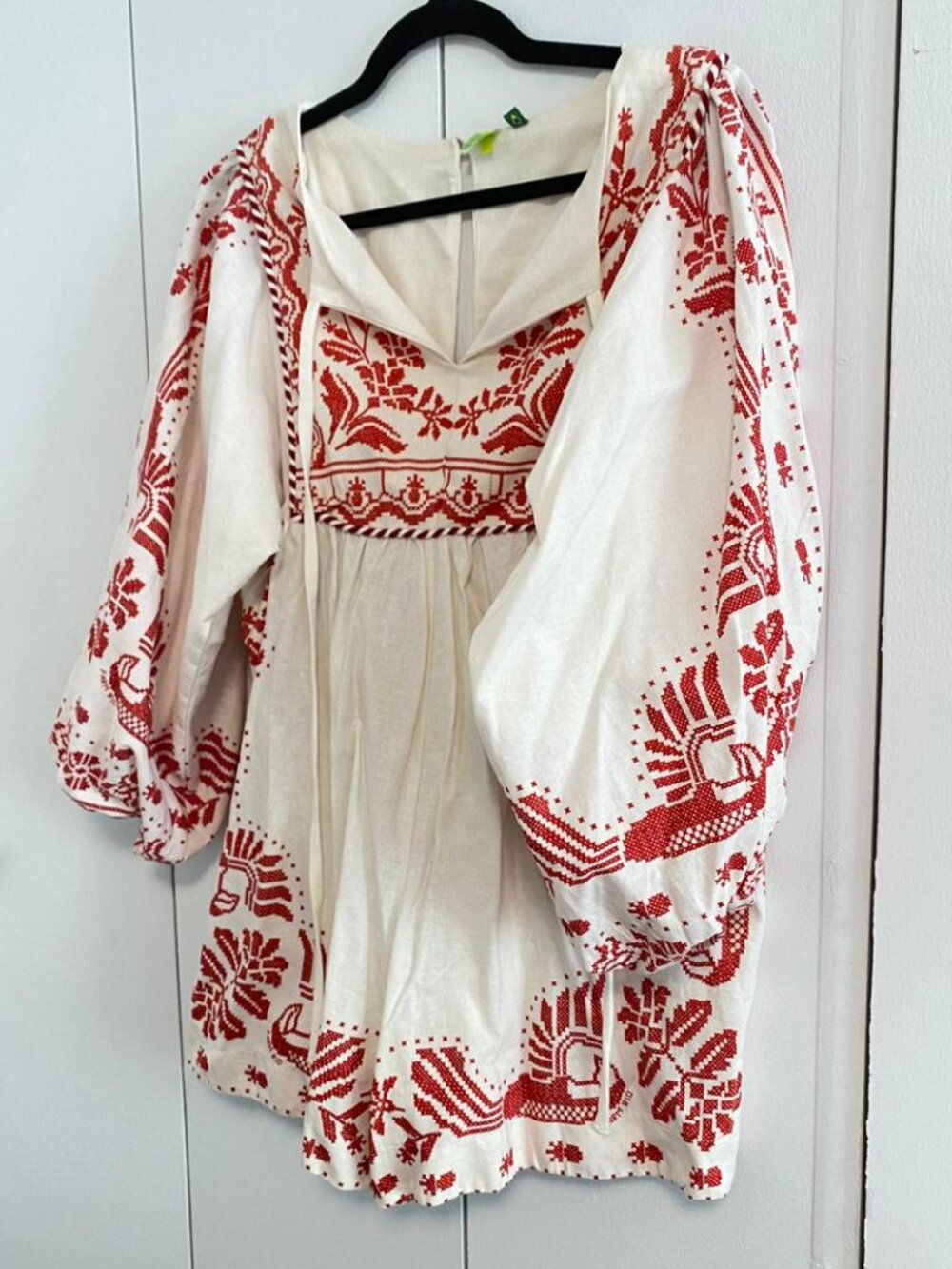 FARM Rio - Red Embroidered Linen-Blend Romper (Balloon Sleeve)